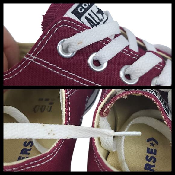 Converse Shoes Womens 7 Red Burgundy Maroon White Low Tops Skater Preppy Grunge - Picture 9 of 12